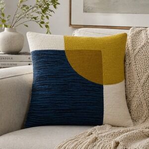 West Elm Abstract Colorblock Knit Pillow Cover Navy Mustard Cream 18x18 Cotton